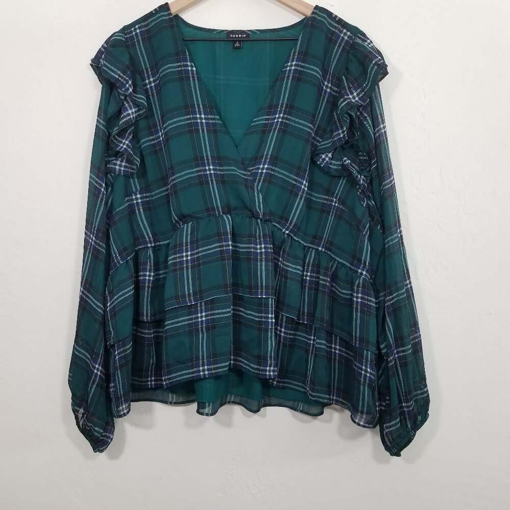 Torrid Plaid Long Sleeve V-Neck Top Blouse Ruffle Green Size 3